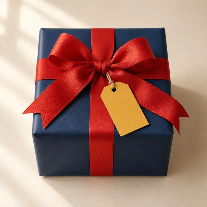 Paquet cadeau bleu nuit noué d'un grand ruban rouge