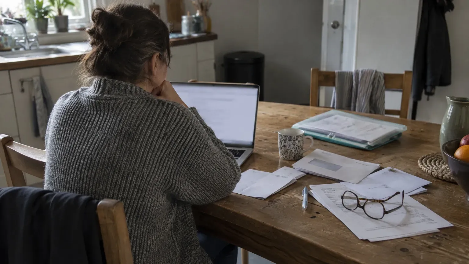Adulte de dos consultant sa boîte mail sur un ordinateur portable près d'un courrier de la CAF, sur une table de cuisine