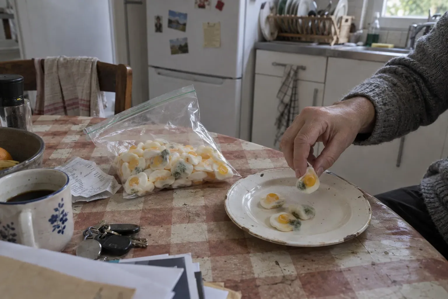 Sachet transparent de bonbons en forme d'œuf au plat posé sur une table de cuisine, avec une main d'adulte
