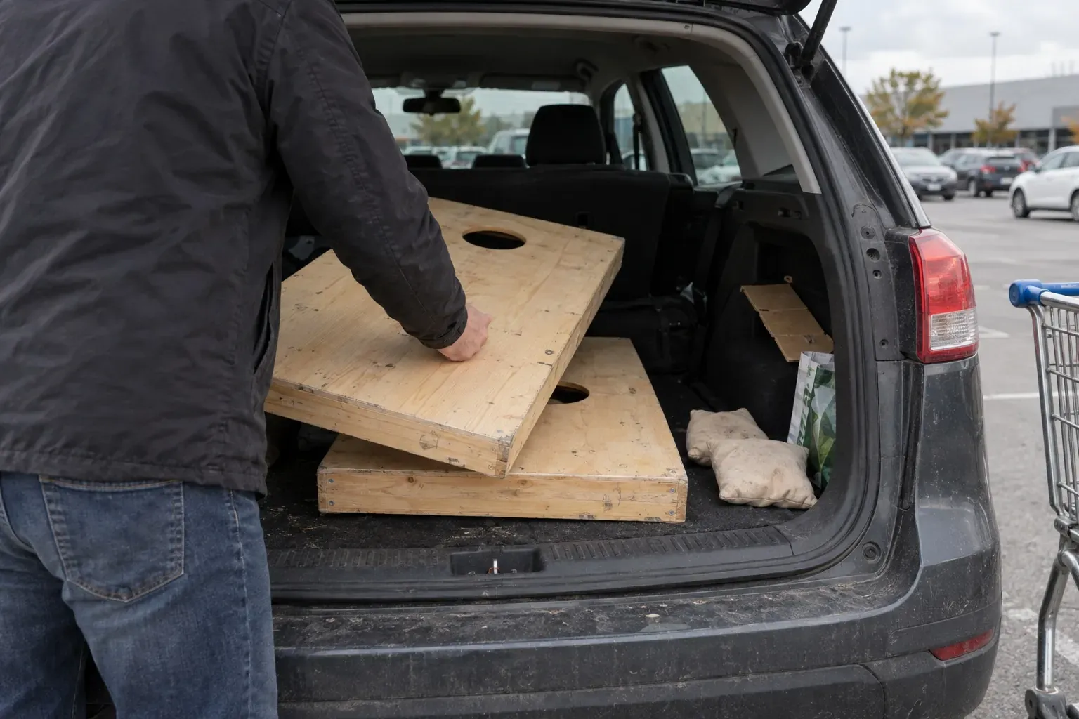 Deux planches de Cornhole en bois et leurs sacs dans un coffre ouvert sur un parking de zone commerciale