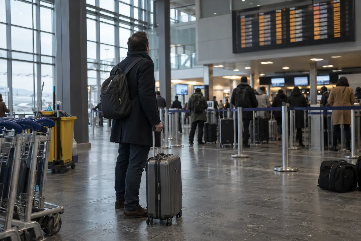 Voyageur adulte de dos devant un panneau d'affichage des vols dans un hall d'aéroport, valises et chariots autour