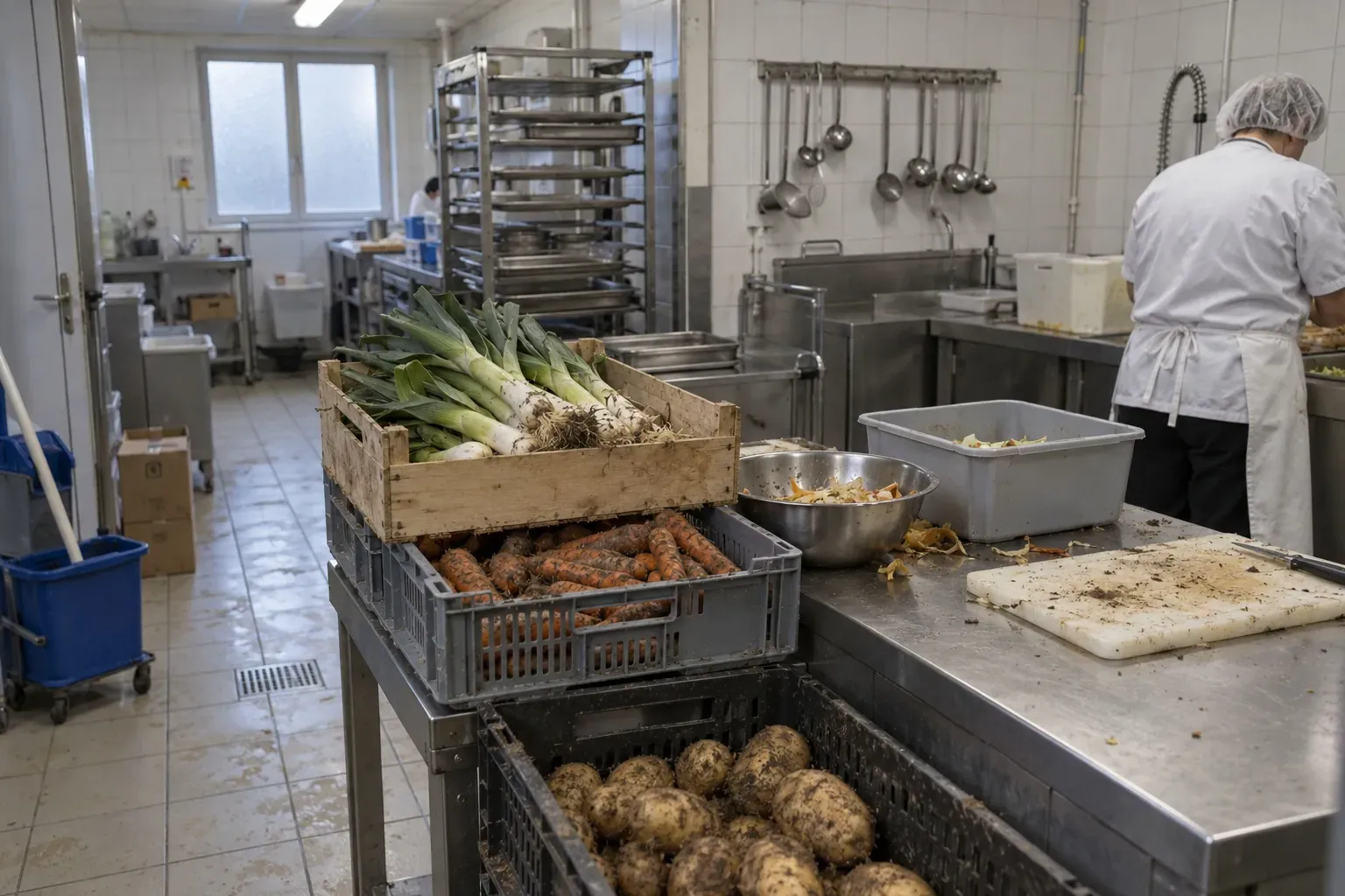 Caisses de poireaux, carottes et pommes de terre sur un plan de travail inox dans une cuisine de cantine vide d'enfants