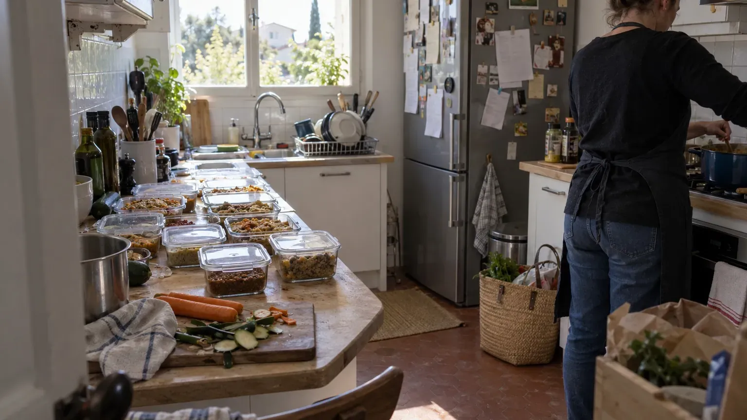 Une cuisinière de dos prépare des plats dans une cuisine familiale, portions rangées dans des boîtes en verre sur le plan de travail