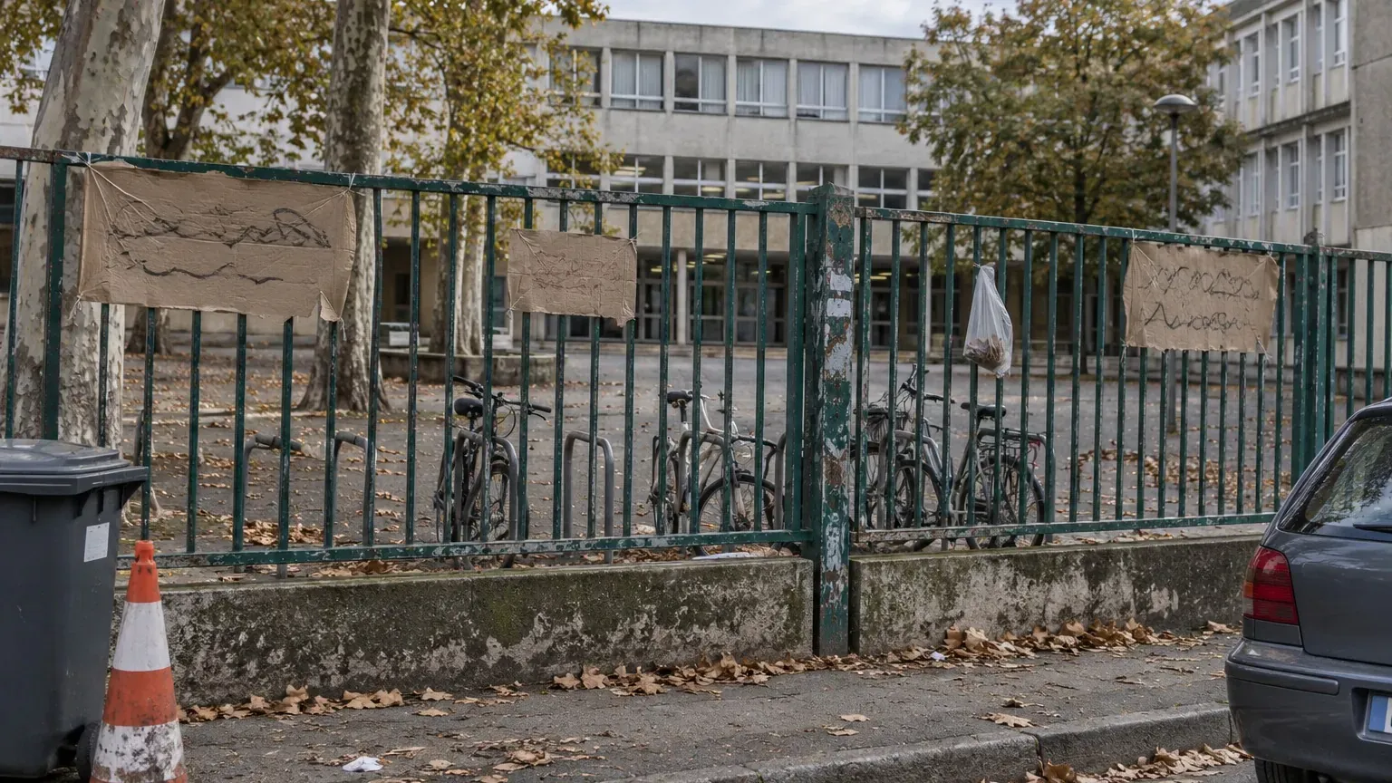 Grille fermée d'un lycée avec banderoles en carton et autocollants accrochés, vélos rangés devant, sans personne