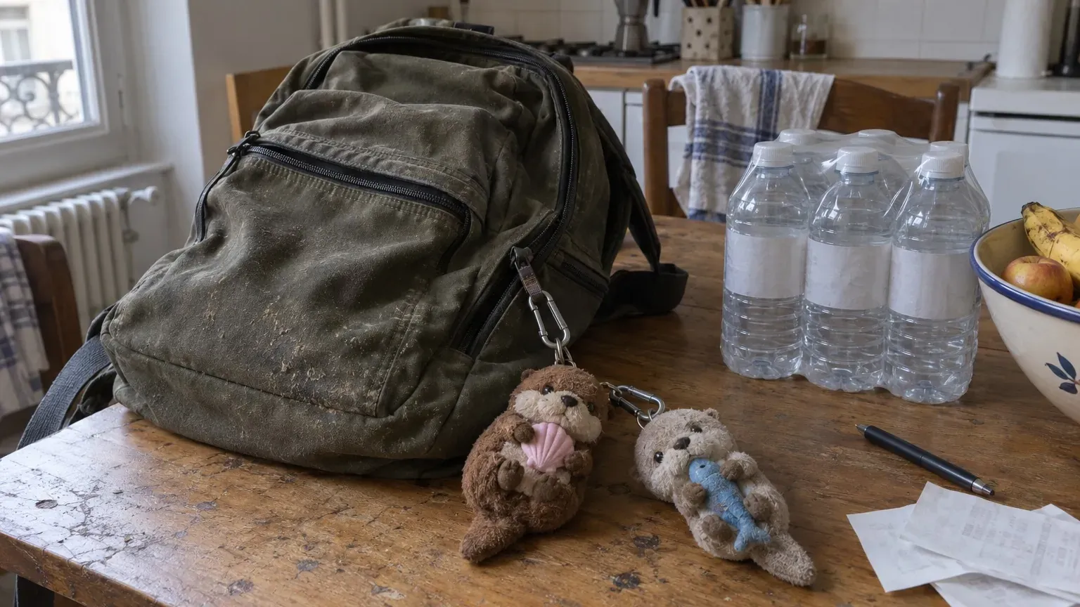 Deux porte-clés peluche loutre avec mousqueton métallique posés sur un cartable usé, à côté d'un pack de bouteilles d'eau