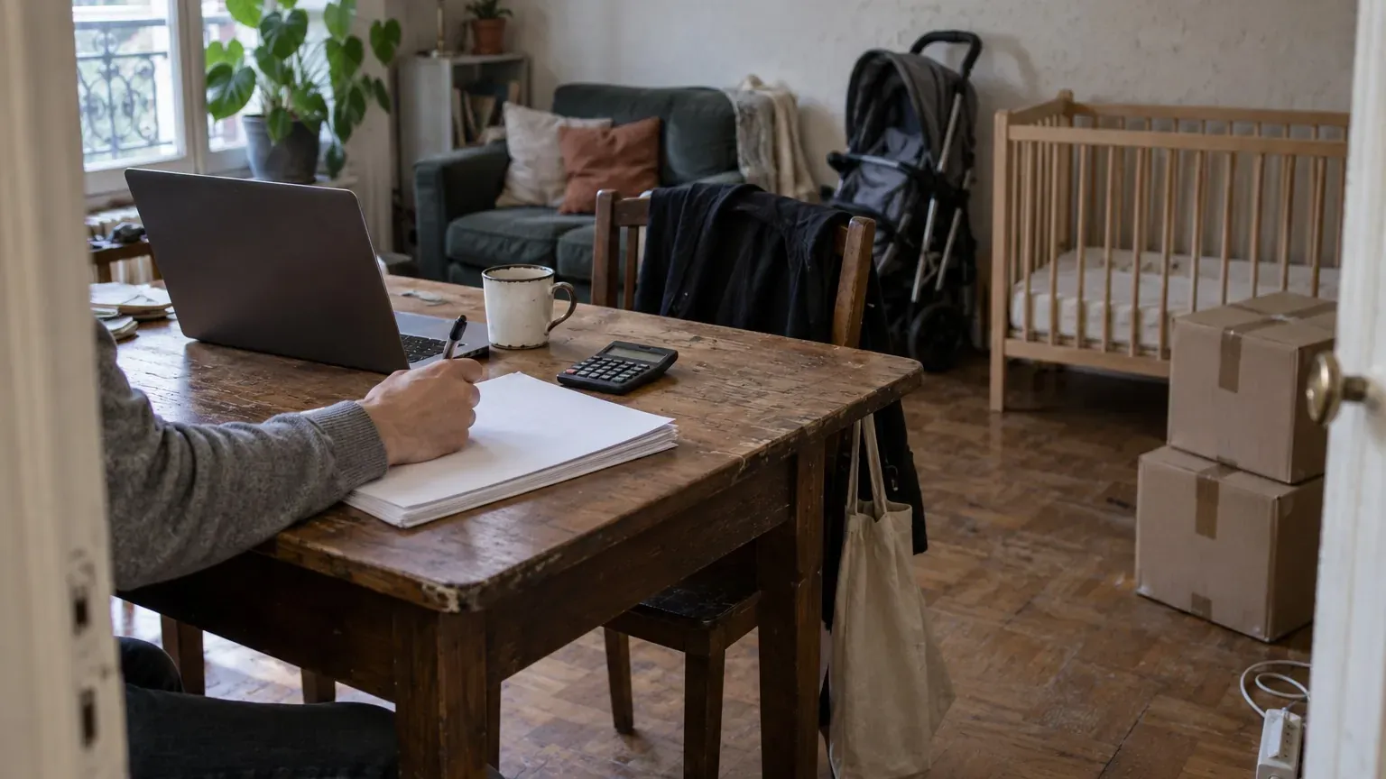 Table de salon d'un petit appartement couverte de dossiers de prêt, avec une main d'adulte tenant un stylo