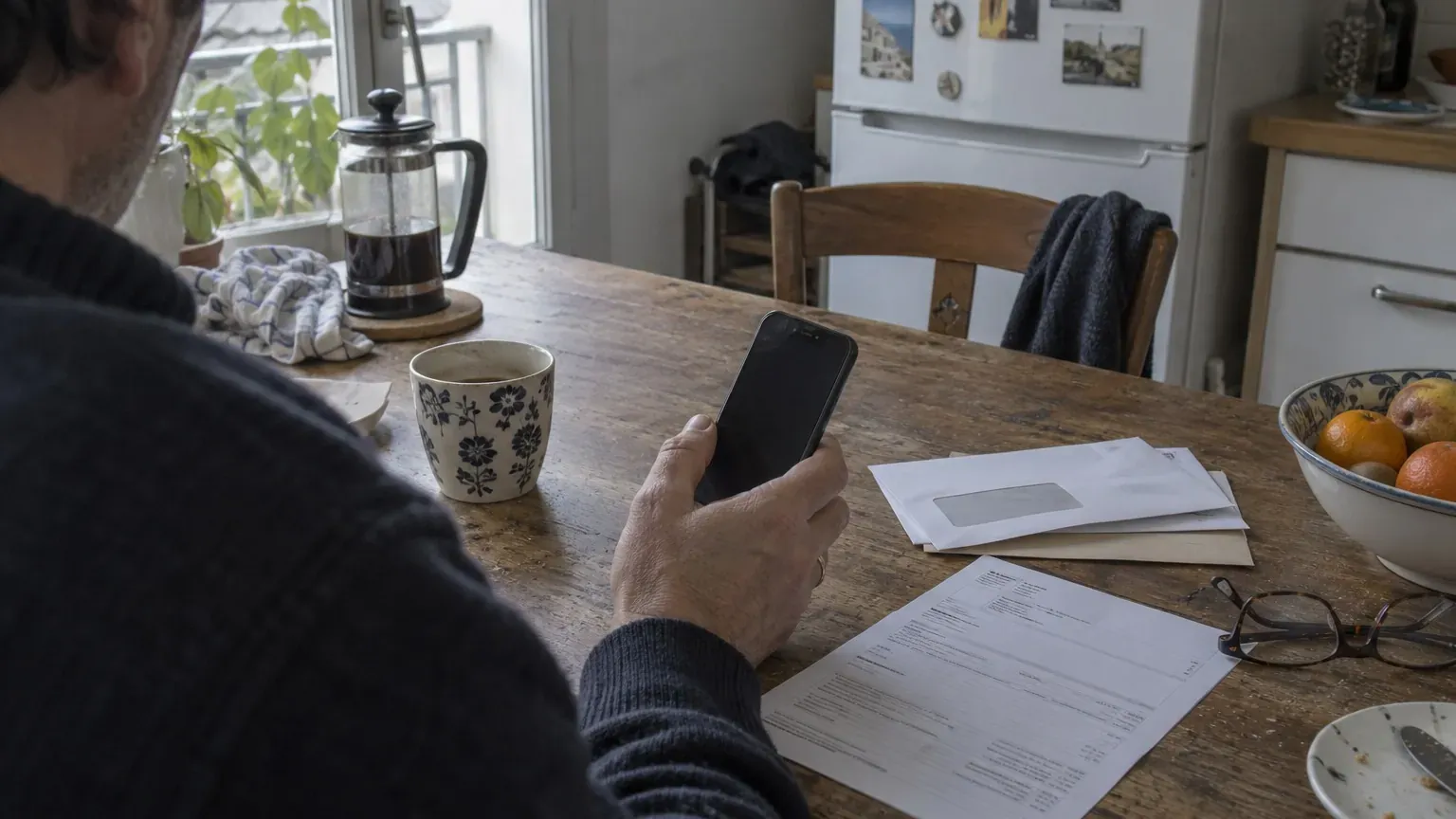 Main d'adulte tenant un smartphone à l'écran flou, près de papiers et d'une tasse sur une table de cuisine
