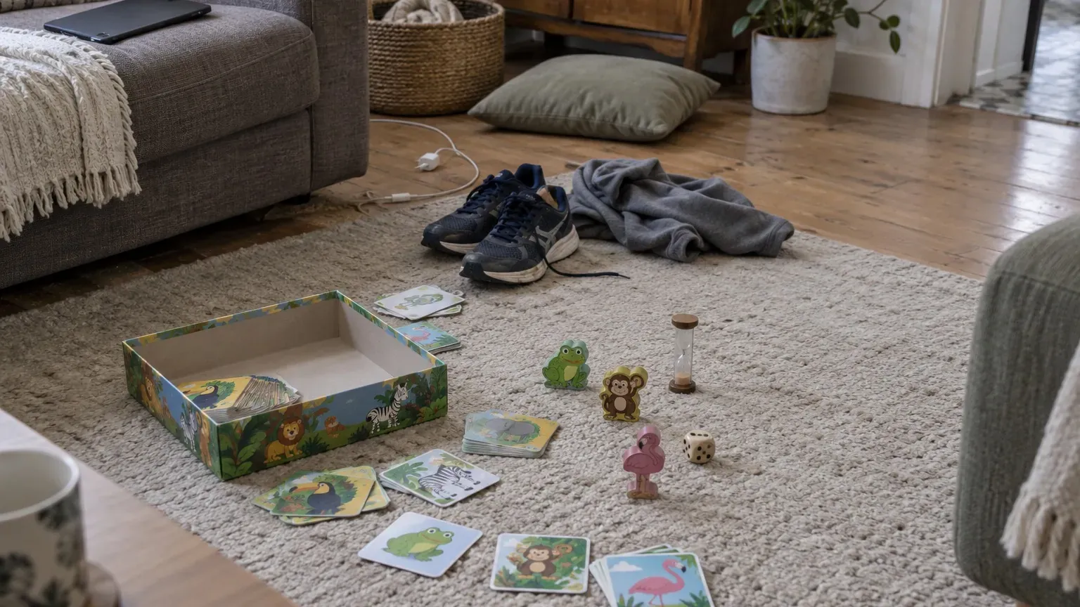 Boîte de jeu de société ouverte avec cartes d'animaux sur un tapis de salon, baskets d'adulte à côté