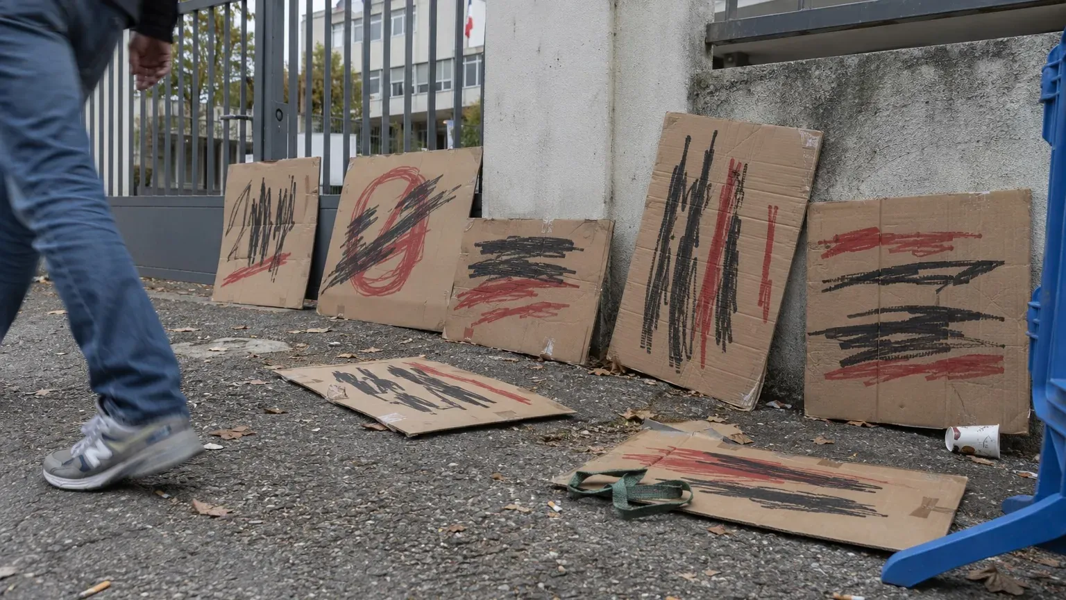 Pancartes en carton griffonnées appuyées contre le mur d'un lycée, un adulte en jean quittant le cadre
