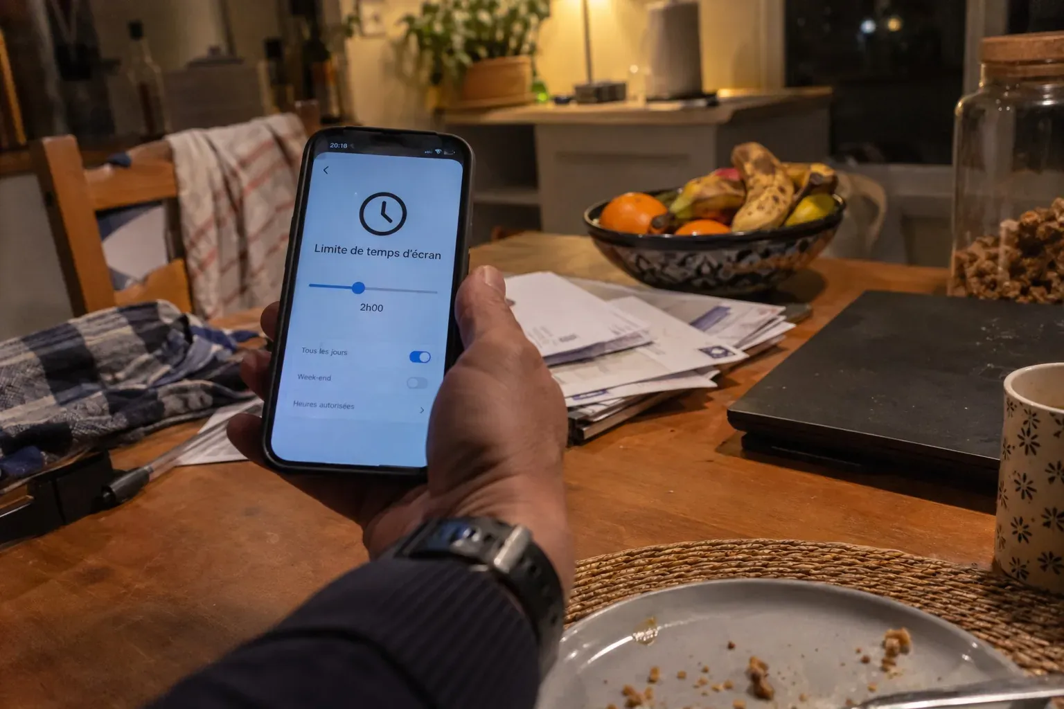 Main anonyme tenant un smartphone avec réglage de temps d'écran, cuisine française le soir