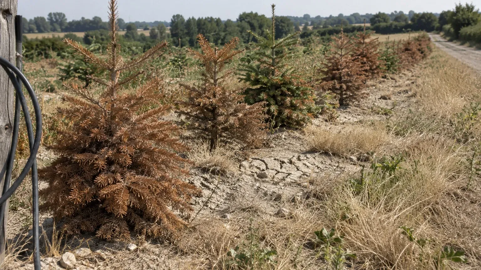 Rangée de jeunes sapins aux aiguilles brunies par la sécheresse dans une plantation normande, herbe jaunie entre les rangs